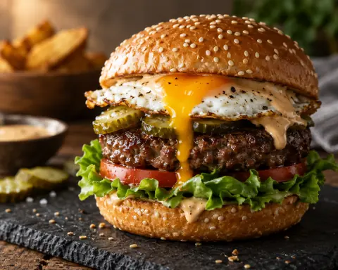 Farmhouse Burger mit Spiegelei auf einem Schieferbrett