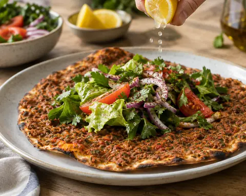 Lahmacun mit Salat, Tomaten und Zwiebel, darüber wird Zitrone geträufelt