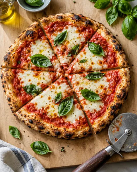 Pizza Margherita auf einem Holzbrett, in Stücke geschnitten
