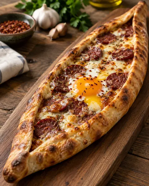 Pide mit Sucuk und Ei auf einem Holzbrett