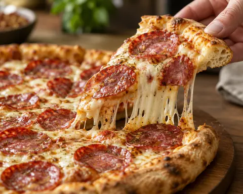 Ein Stück Pizza Salami wird abgehoben, der Käse zieht Fäden