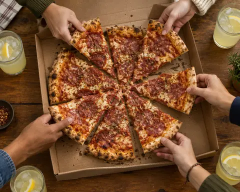 Mehrere Hände nehmen sich Stücke einer Pizza aus dem Karton