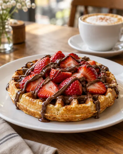 Waffel mit Erdbeeren und Nutella, dahinter ein Cappuccino