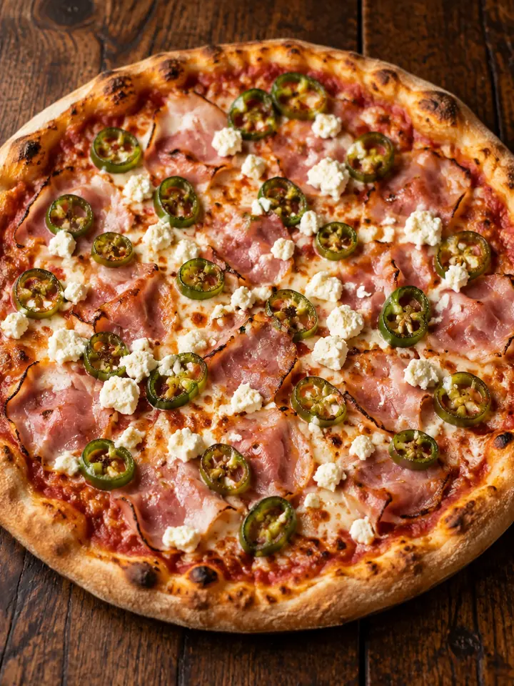 Pizza Diavolo mit Schinken, Pfefferoni und Schafskäse