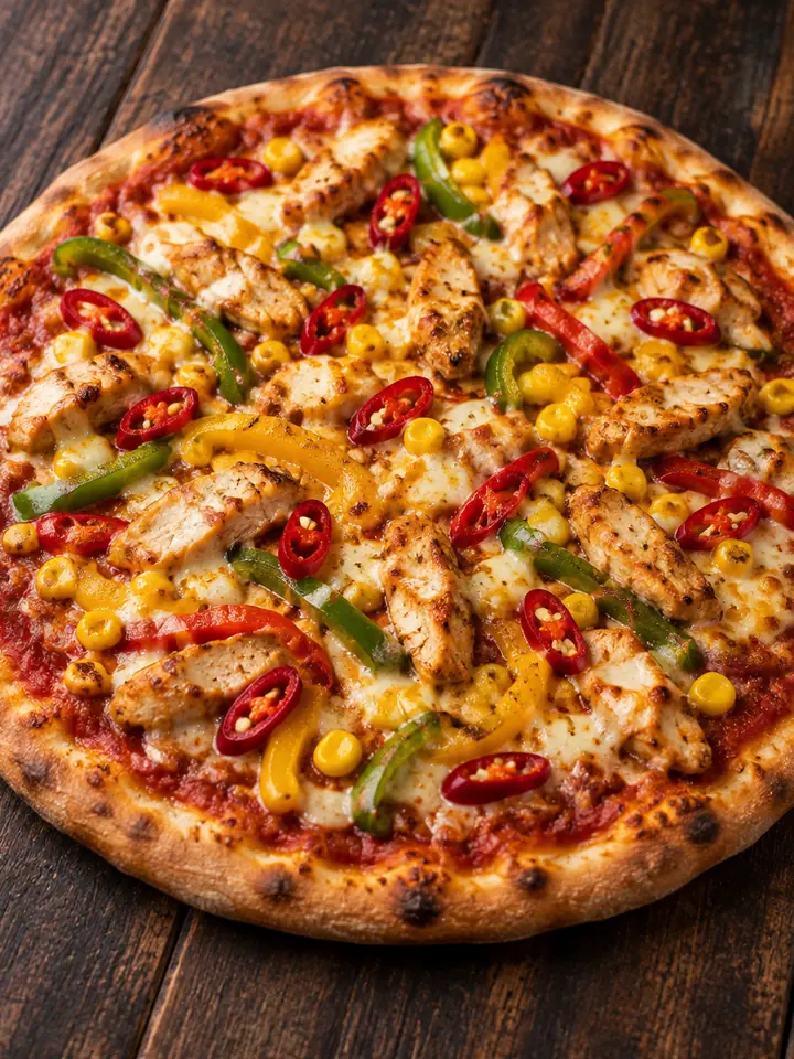 Pizza Mexicana mit Hühnerfleisch, Mais und Paprika