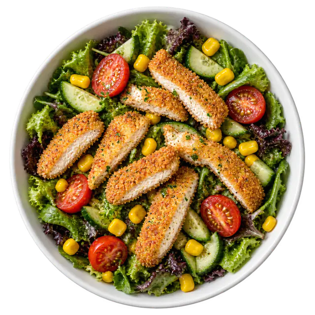 Salat mit knusprigem Hühnerfleisch in einer Schüssel