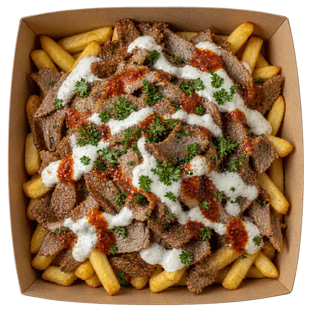 Döner Box mit Pommes, Kalbfleisch und Sauce