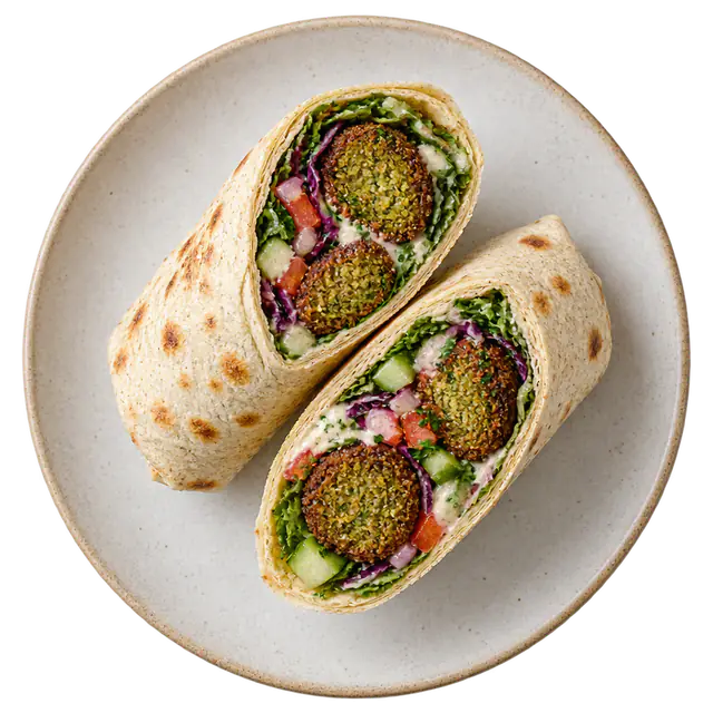 Falafel Dürüm, halbiert, auf einem Teller