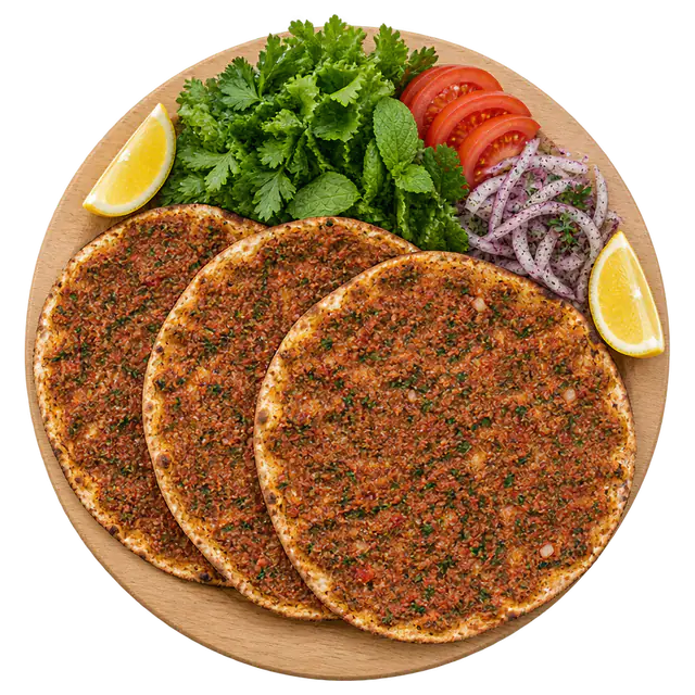 Drei Lahmacun mit Salat und Zitrone auf einem Holzbrett
