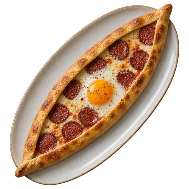 Pide mit Sucuk und Ei auf einem Teller