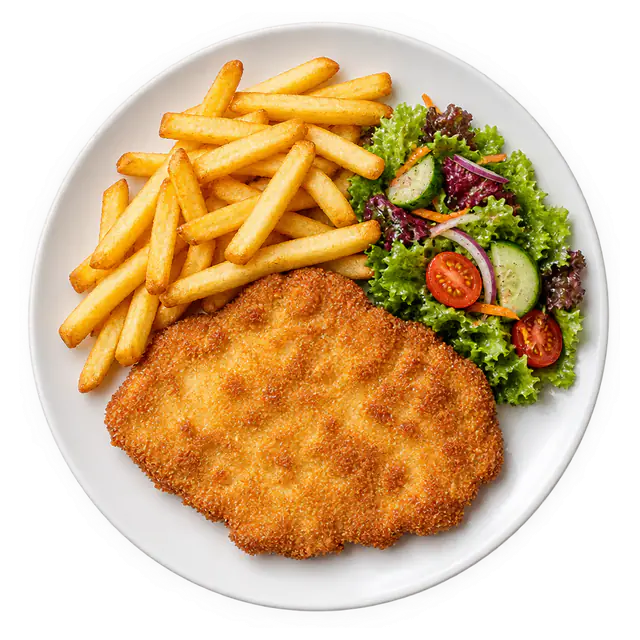 Hühnerschnitzel mit Pommes und Salat
